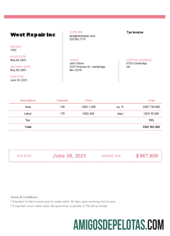 Fatura da West Repair Inc do Reino Unido exemplo real